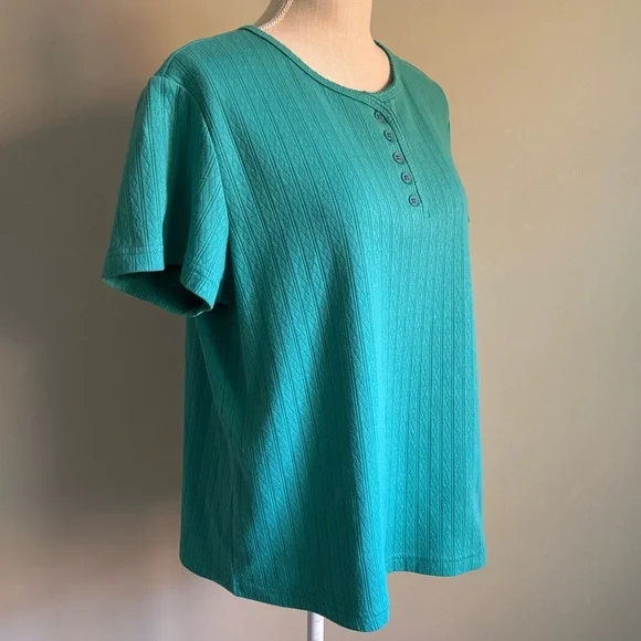 Short Sleeve Textured Henley Shirt Blue Green - Picture 3 of 7